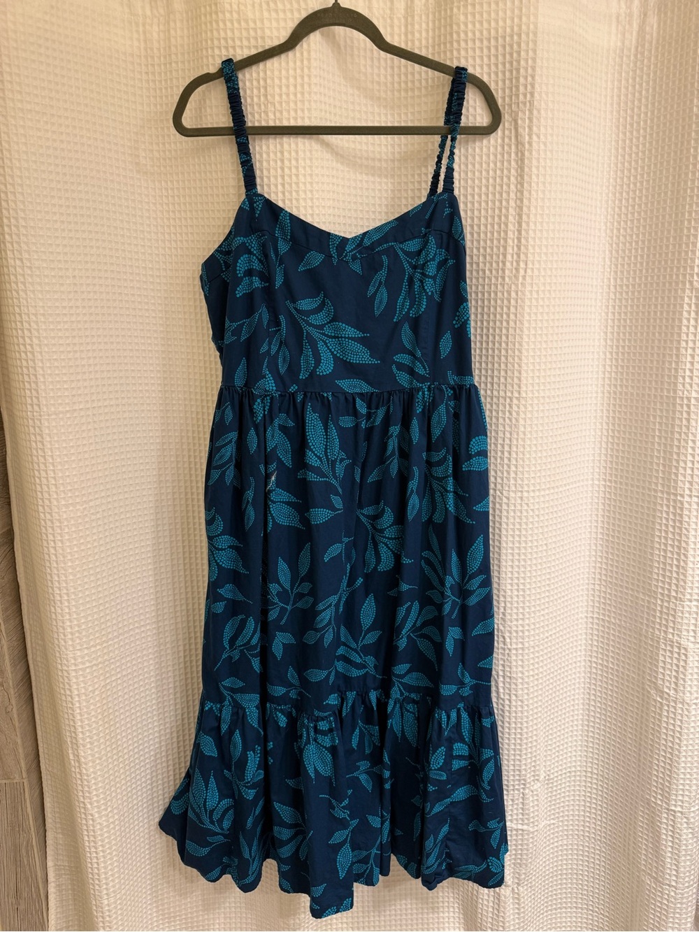 J. Crew Navy Blue Teal Leaf-Print Midi Dress